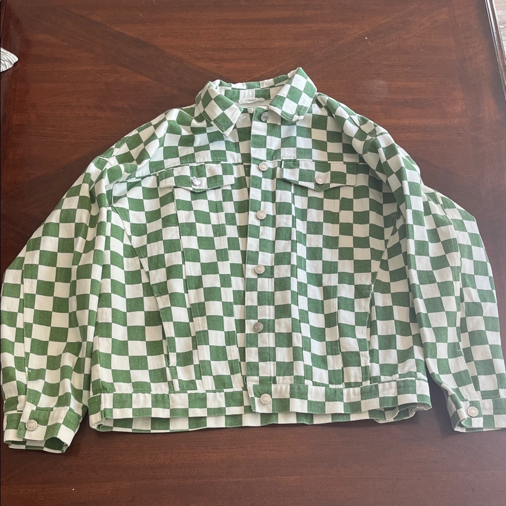 Green and White Checkered denim Jacket